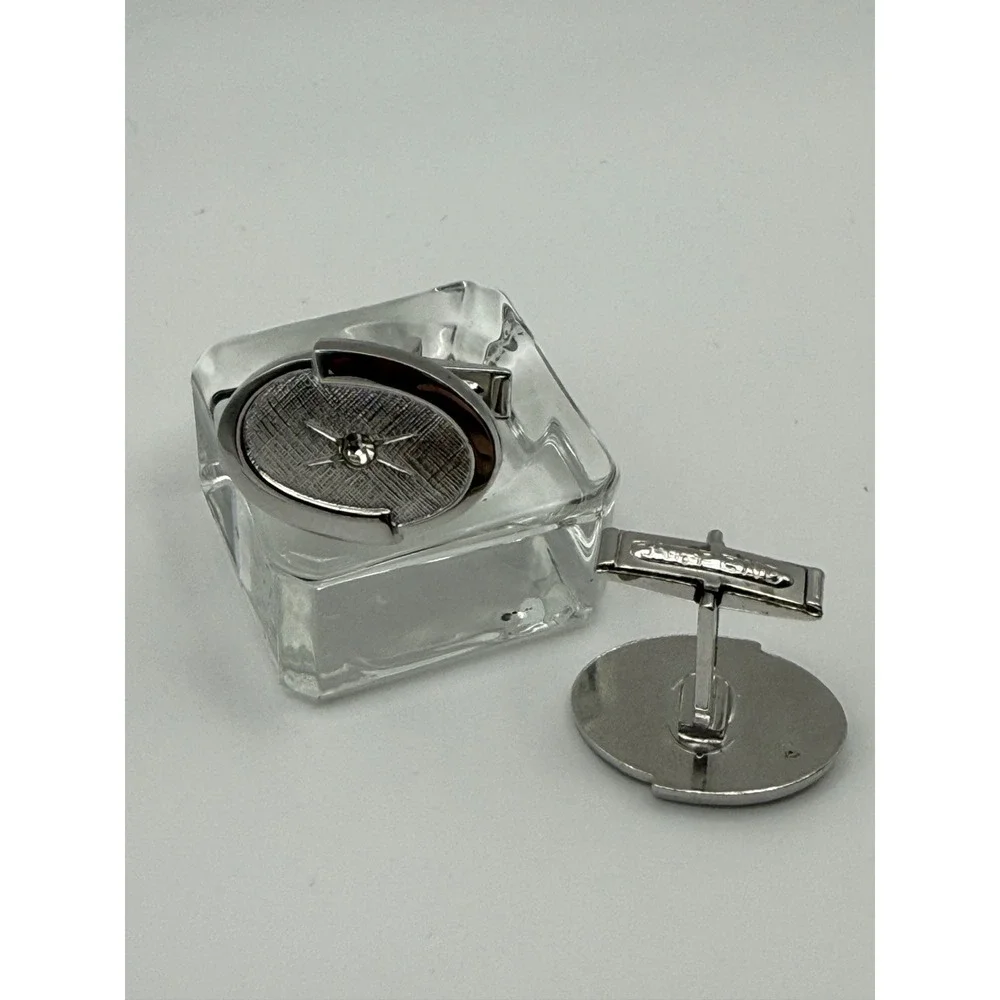 Anson Cufflinks OS Vintage Silver Tone Starburst Rhinestone MCM Atomic Retro